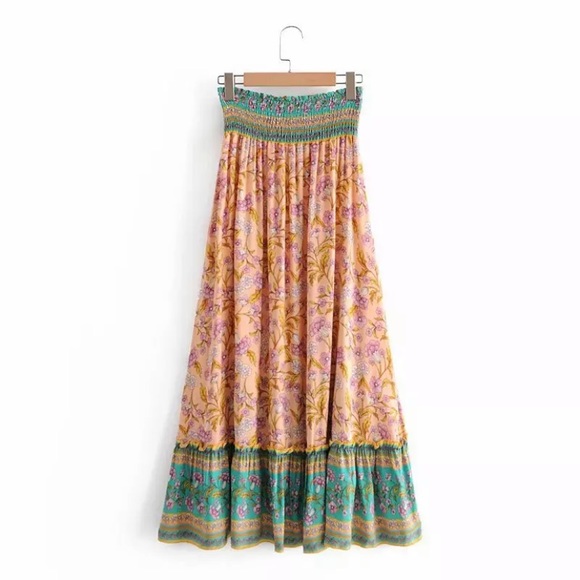 Bohemian Floral Gypsy Elastic Smocked Waist Skirt - Picture 4 of 7